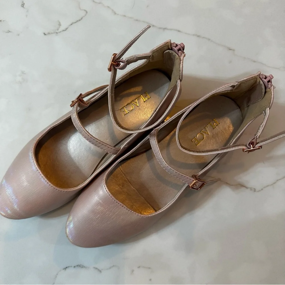 Girls Size 2 Rose Gold Pink Metallic Mary Jane Dress Shoes